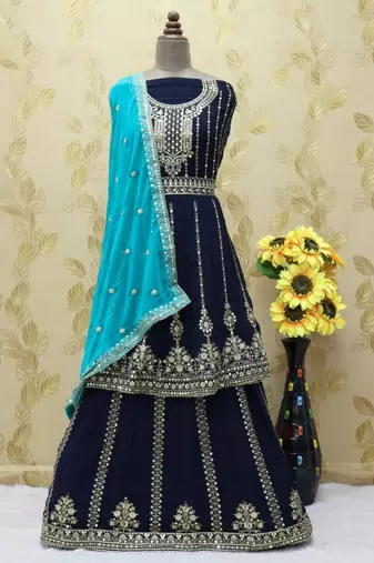 Navy blue heavy georgette indowestern wedding kurti & skirt set