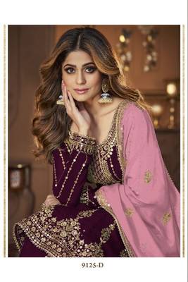 Wine heavy georgette indowestern wedding kurti & skirt set 2
