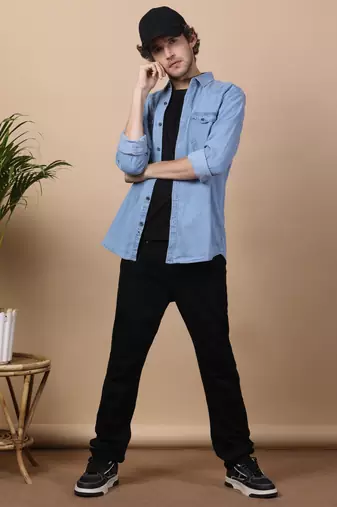 Bule double flap pocket denim shirt 