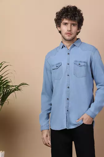 Bule double flap pocket denim shirt 
