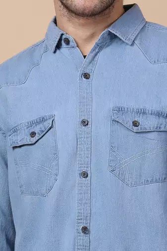 Bule double flap pocket denim shirt 