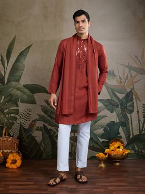 Rust orange viscose rayon jari weaving mirror work wedding function festival party wear straight kurta with dupatta 1