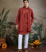 Rust orange viscose rayon jari weaving mirror work wedding function festival party wear straight kurta with dupatta