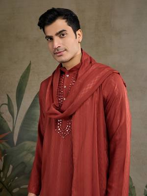 Rust orange viscose rayon jari weaving mirror work wedding function festival party wear straight kurta with dupatta 3