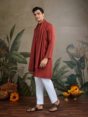 Rust orange viscose rayon jari weaving mirror work wedding function festival party wear straight kurta with dupatta 4