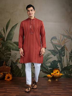 Rust orange viscose rayon jari weaving mirror work wedding function festival party wear straight kurta with dupatta 5