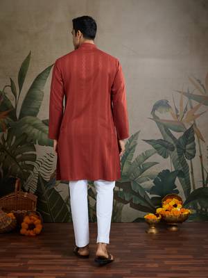 Rust orange viscose rayon jari weaving mirror work wedding function festival party wear straight kurta with dupatta 6