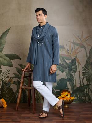 Blue grey viscose rayon jari weaving mirror work wedding function festival party wear straight kurta with dupatta 1