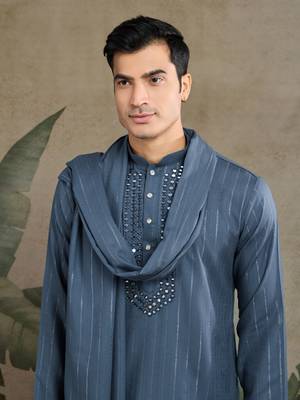 Blue grey viscose rayon jari weaving mirror work wedding function festival party wear straight kurta with dupatta 2