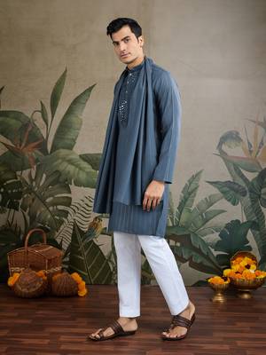 Blue grey viscose rayon jari weaving mirror work wedding function festival party wear straight kurta with dupatta 3