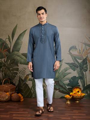 Blue grey viscose rayon jari weaving mirror work wedding function festival party wear straight kurta with dupatta 4