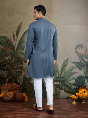 Blue grey viscose rayon jari weaving mirror work wedding function festival party wear straight kurta with dupatta 5