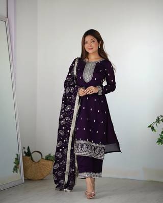 Pure Blooming Vichitra Silk Fabric Straight Fit Embroidery Work Kurta With Dupatta With Pant 1