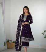 Pure Blooming Vichitra Silk Fabric Straight Fit Embroidery Work Kurta With Dupatta With Pant