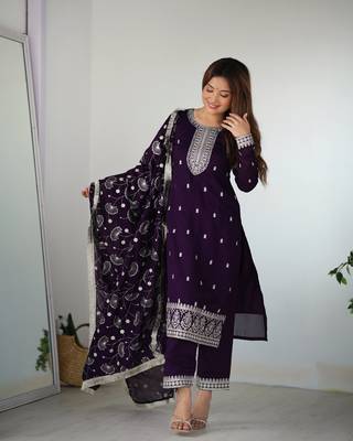 Pure Blooming Vichitra Silk Fabric Straight Fit Embroidery Work Kurta With Dupatta With Pant 2