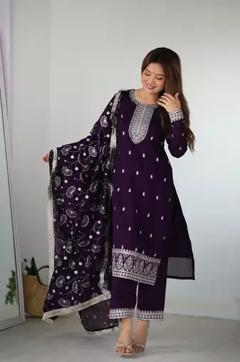 Pure Blooming Vichitra Silk Fabric Straight Fit Embroidery Work Kurta With Dupatta With Pant