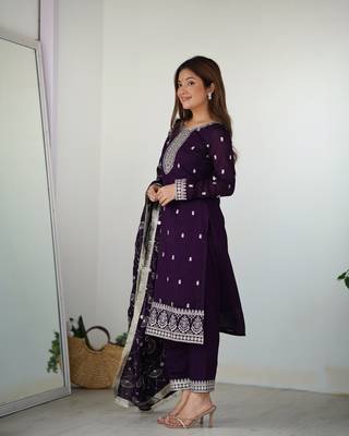 Pure Blooming Vichitra Silk Fabric Straight Fit Embroidery Work Kurta With Dupatta With Pant 4