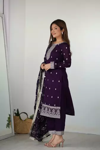 Pure Blooming Vichitra Silk Fabric Straight Fit Embroidery Work Kurta With Dupatta With Pant