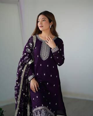 Pure Blooming Vichitra Silk Fabric Straight Fit Embroidery Work Kurta With Dupatta With Pant 5