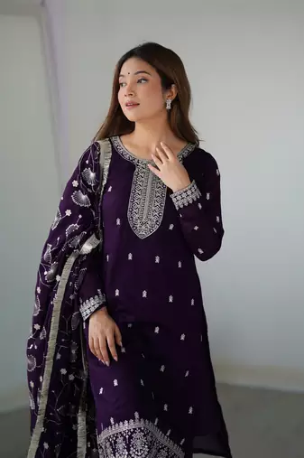 Pure Blooming Vichitra Silk Fabric Straight Fit Embroidery Work Kurta With Dupatta With Pant
