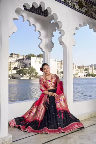 black Women's Jacquard Silk With Weaving Zari Work Lehenga Choli, Paithani Lehenga Choli