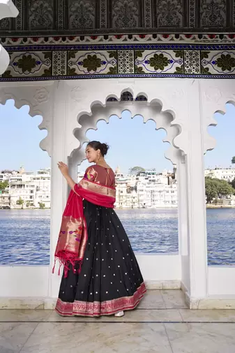 black Women's Jacquard Silk With Weaving Zari Work Lehenga Choli, Paithani Lehenga Choli