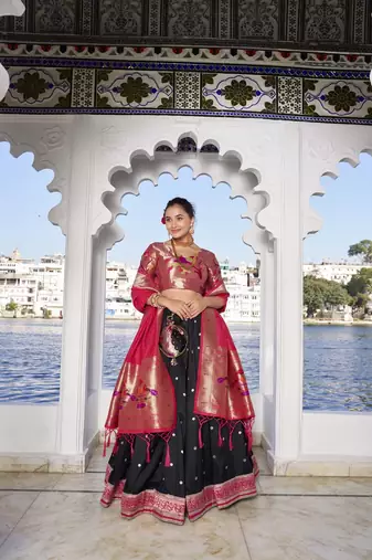 black Women's Jacquard Silk With Weaving Zari Work Lehenga Choli, Paithani Lehenga Choli
