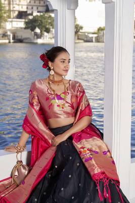 black Women's Jacquard Silk With Weaving Zari Work Lehenga Choli, Paithani Lehenga Choli 1
