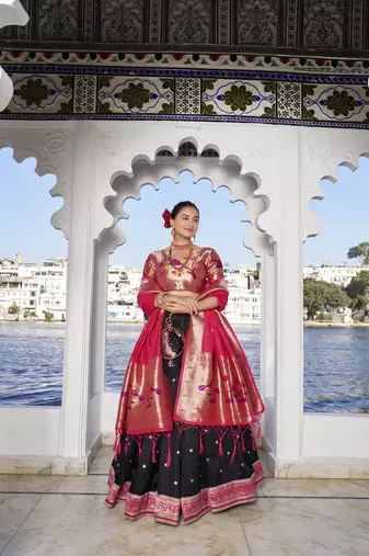 black Women's Jacquard Silk With Weaving Zari Work Lehenga Choli, Paithani Lehenga Choli