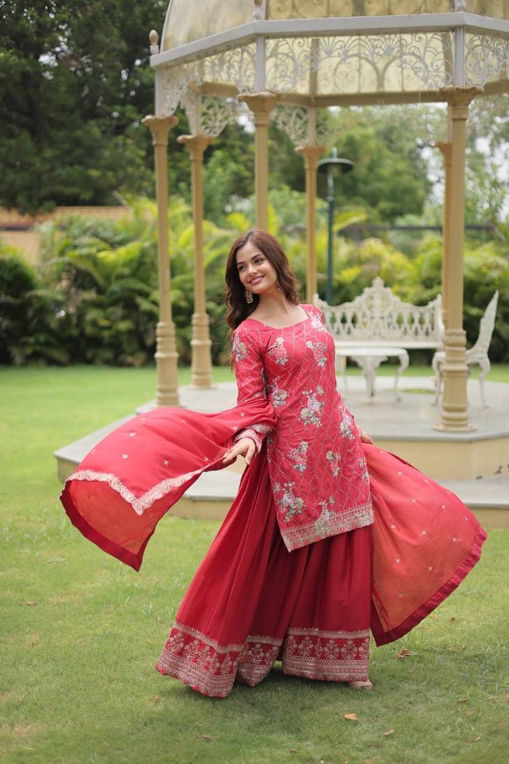 Chinnon silk heavy kurta palazzo with dupatta sets