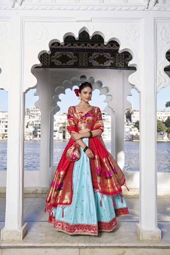 sky blue Women's Jacquard Silk With Weaving Zari Work Lehenga Choli, Paithani Lehenga Choli