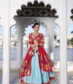 sky blue Women's Jacquard Silk With Weaving Zari Work Lehenga Choli, Paithani Lehenga Choli
