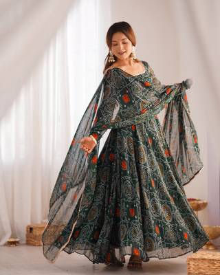 Green Georgette bandhani printed Anarkali with Dupatta 1
