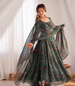 Green Georgette bandhani printed Anarkali with Dupatta