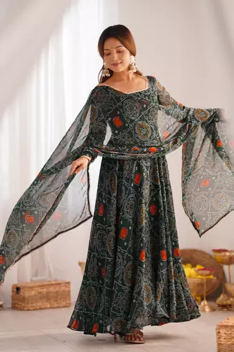 Green Georgette bandhani printed Anarkali with Dupatta