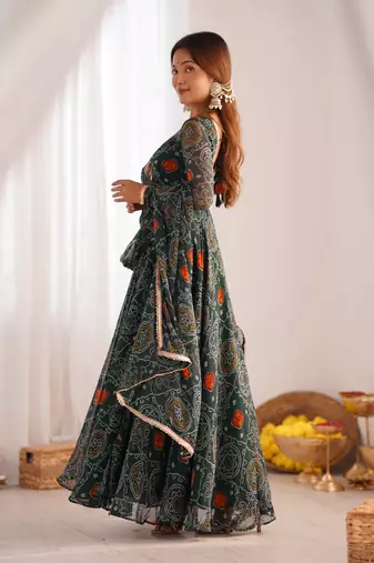 Green Georgette bandhani printed Anarkali with Dupatta