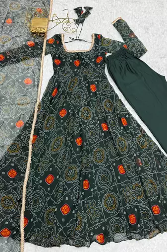 Green Georgette bandhani printed Anarkali with Dupatta