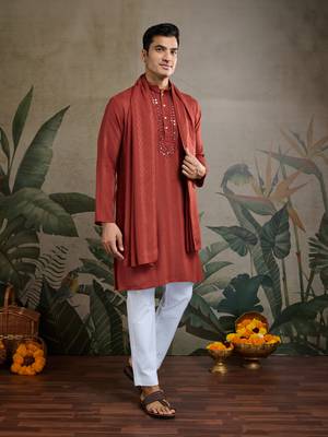 Rust orange viscose rayon jari weaving mirror work wedding function festival party wear straight kurta with dupatta 7