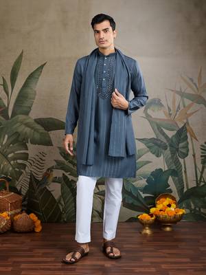 Blue grey viscose rayon jari weaving mirror work wedding function festival party wear straight kurta with dupatta 6