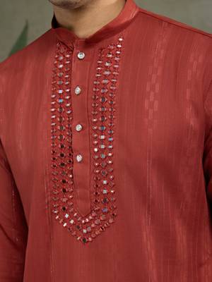Rust orange viscose rayon jari weaving mirror work wedding function festival party wear straight kurta with dupatta 8