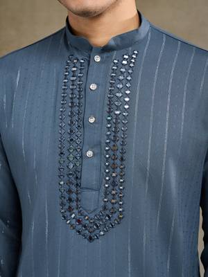 Blue grey viscose rayon jari weaving mirror work wedding function festival party wear straight kurta with dupatta 7