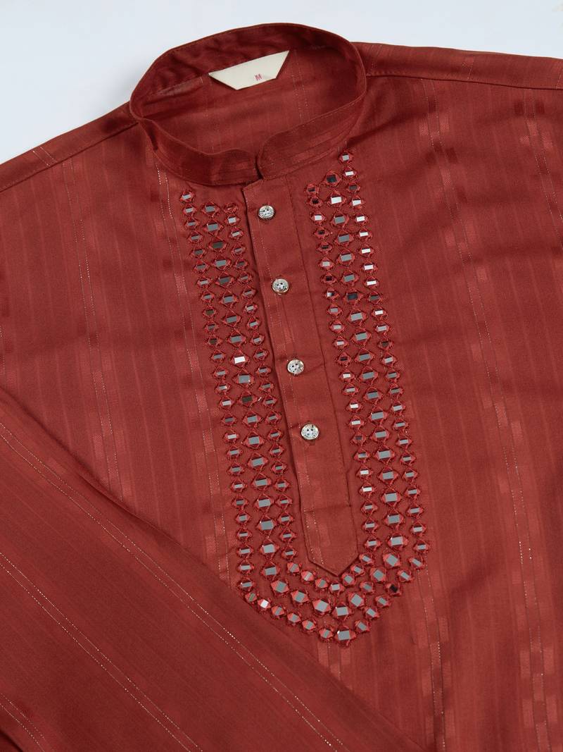 Rust orange viscose rayon jari weaving mirror work wedding function festival party wear straight kurta with dupatta