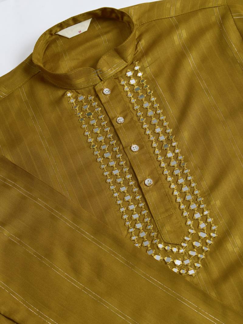 Rust yellow viscose rayon jari weaving mirror work wedding function festival party wear straight kurta with dupatta