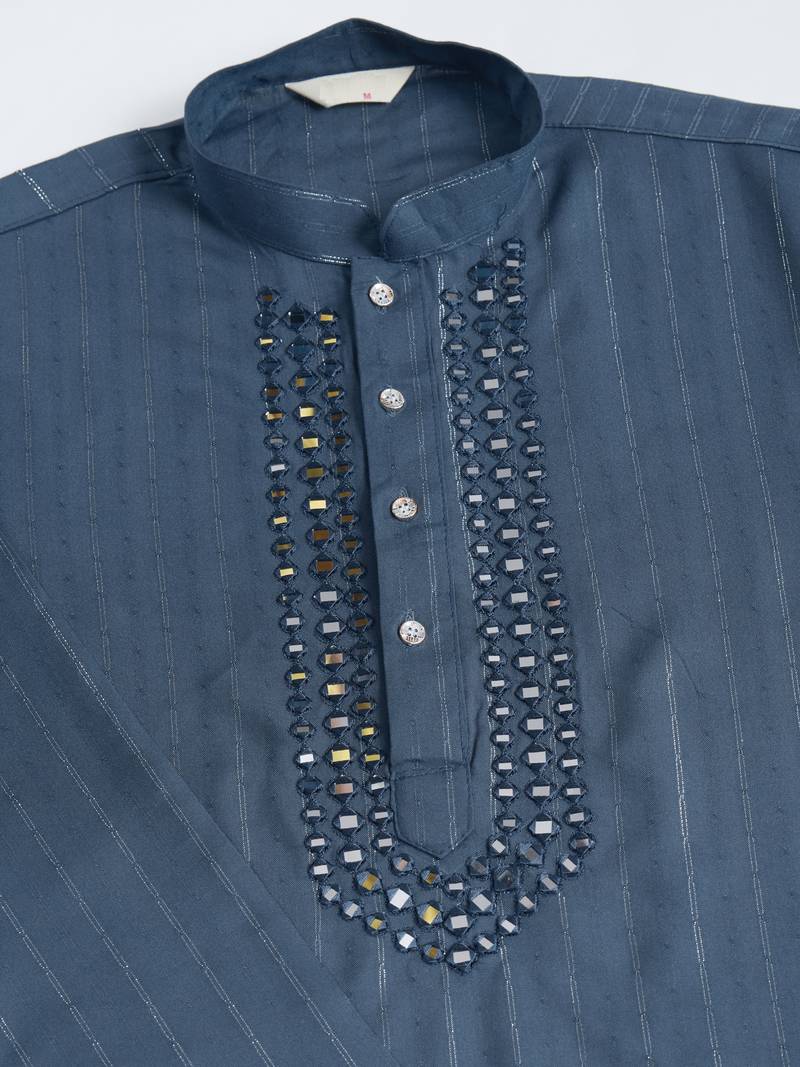 Blue grey viscose rayon jari weaving mirror work wedding function festival party wear straight kurta with dupatta