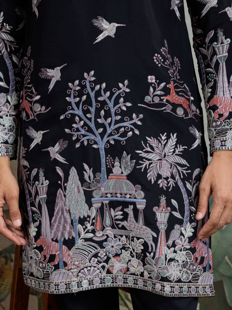 black viscose silk thread & sequins embroidered straight kurta