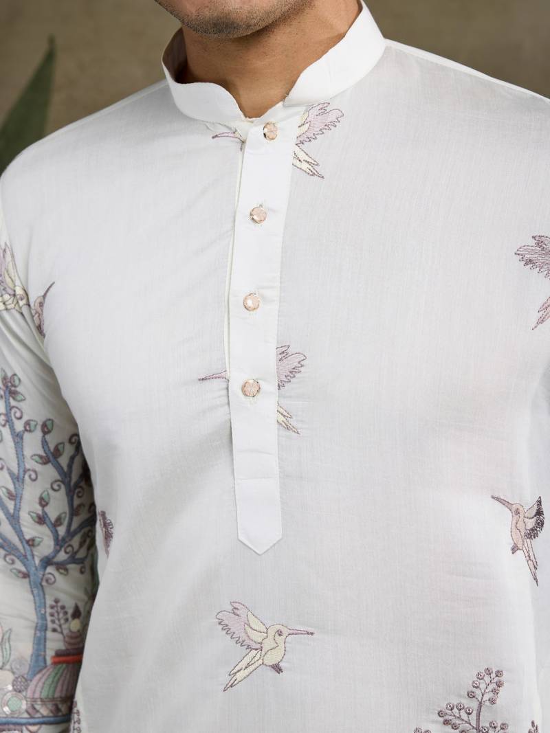 white viscose silk thread & sequins embroidered mens kurta