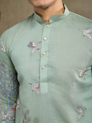 pista green viscose silk thread & sequins embroidered kurta 7
