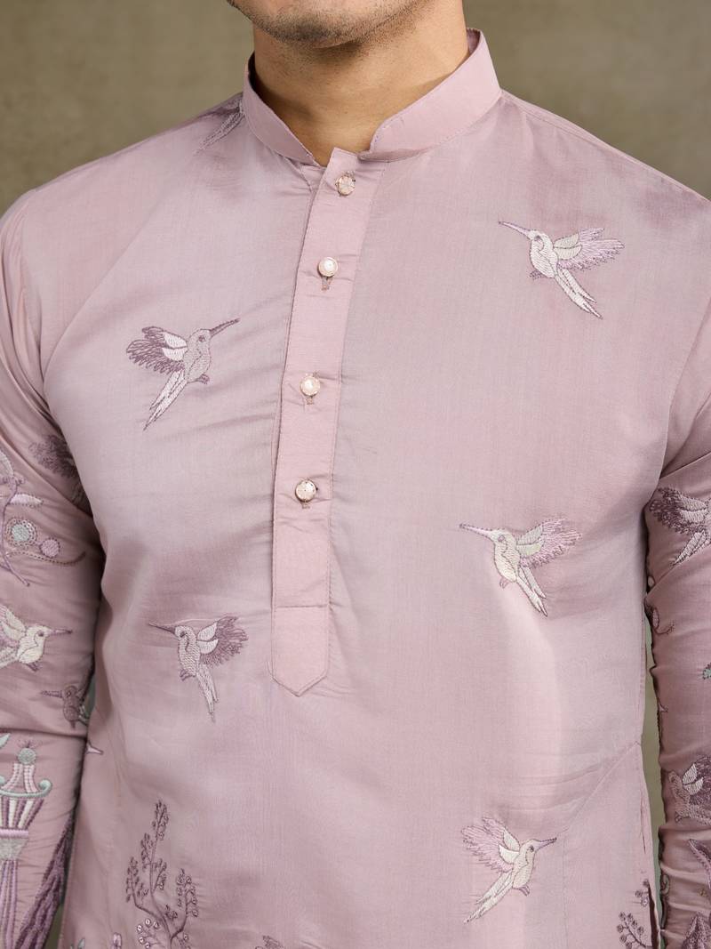 light peach viscose silk thread & sequins embroidered straight kurta