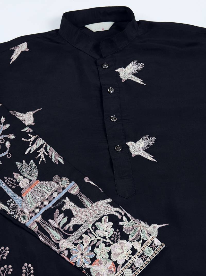 black viscose silk thread & sequins embroidered straight kurta