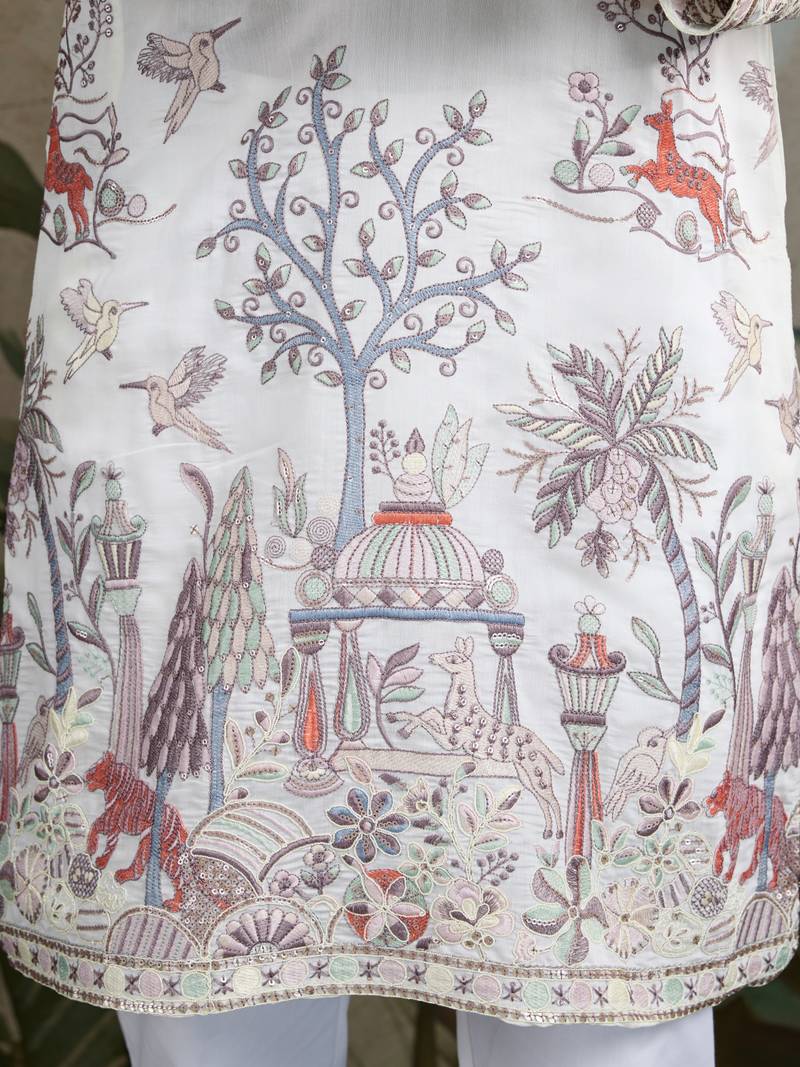 white viscose silk thread & sequins embroidered mens kurta
